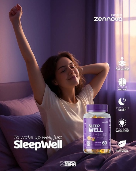 A lifestyle-focused ad showing a woman stretching comfortably upon waking, highlighting product benefits with clear icons and purple-toned branding.